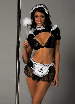 Ролевой костюм горничной латекс винил чепчик лиф топ воланы юбка кружево фартук чокер метелочка