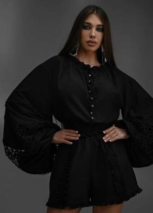 Костюм-двійка жіночий ошатний дизайнерський чорний, шорти &amp; блуза з розкішними рукавами