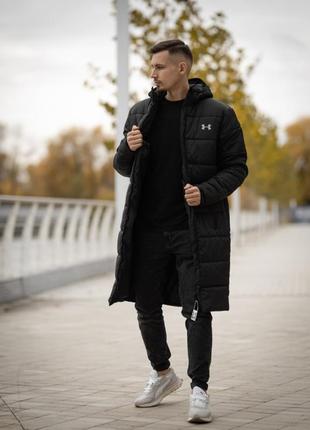 Зимний удлинённый пуховик куртка мужская чёрная