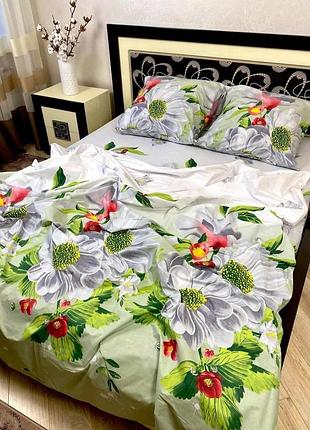 Полуторный комплект постельного белья " цветы, хризантемы, ромашки ", бязь голд люкс  "виталина"