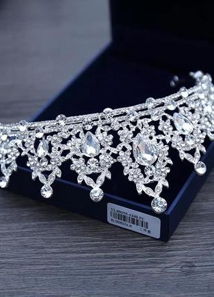 Диадема свадебная высокая с кристаллами сваровски, корона серебро