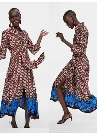 Zara плятье, геометричный принт длинное с поясом, очень презентабельное
