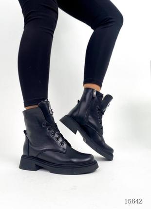 Черные натуральные кожаные зимние ботинки на шнурках шнуровке толстой подошве зима кожа10 фото