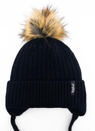 Зимова в'язана шапочка на зав'язках, тепла шапка з помпоном на кнопці