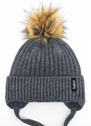 Зимова в'язана шапочка на зав'язках, тепла шапка з помпоном на кнопці2 фото