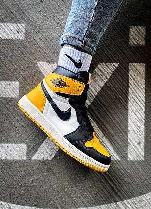 Женские высокие кожаные кроссовки nike air jordan 1 "yellow/black"#найк