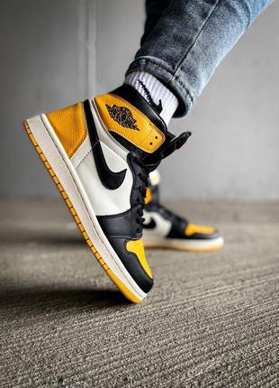 Женские высокие кожаные кроссовки nike air jordan 1 "yellow/black"#найк6 фото