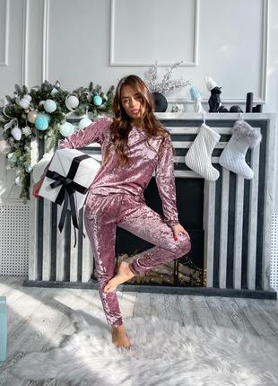 Велюровий костюм для дому та сну піжама оксамит рожевий пижама набір кофта штани1 фото