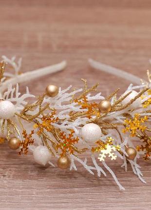 Новогодний обруч ободок бело-золотой со снежинками3 фото