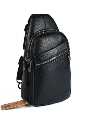 Мужская нагрудная сумка рюкзак слинг на одно плечо черная молодежная сумочка из эко-кожи