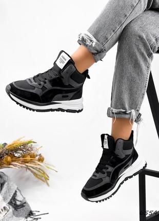Черные с серым зимние высокие нубуковые кроссовки хайтопы спортивные ботинки на шнурках шнуровке толстой белой подошве зима10 фото