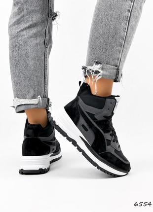 Черные с серым зимние высокие нубуковые кроссовки хайтопы спортивные ботинки на шнурках шнуровке толстой белой подошве зима4 фото