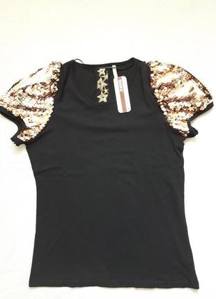 Суперовая хлопковая футболка с рукавами из золотых паеток большого размера denim co