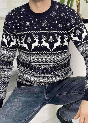 Темно-синій теплий новорічний светр з оленями❄️❄️❄️❄️1 фото