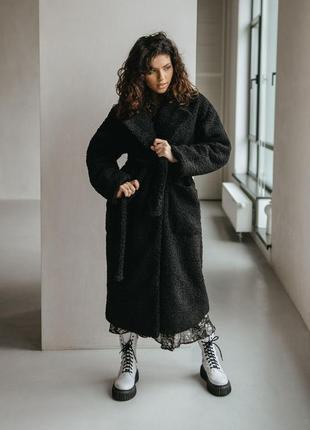 Черное пальто шуба экобукле черная шуба с карманами зимнее пальто с поясом