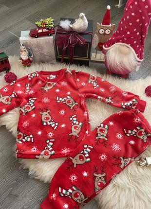 Пижама новогодняя мальчику/ девочке / пижама с оленями красная теплая1 фото