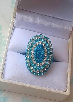 Кольцо бохо яркое перстень длин овал каблучка страз праздн красивое сер  голуб камни бижутер маркиз