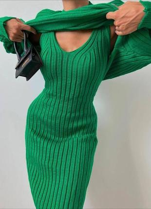 Костюм женский зеленый вязанный костюм платье и свитер