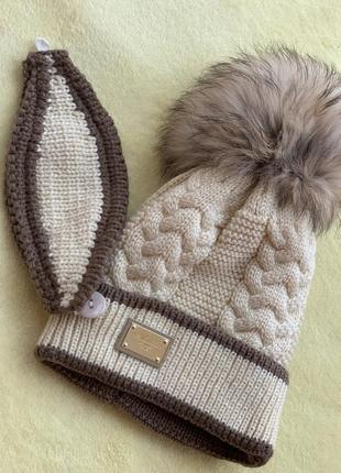 Зимова шапка з довязом на ротик, помпон натуральне хутро1 фото