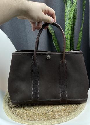 Оригінальна сумка hermès garden party bag tpm brown canvas / leather tote1 фото