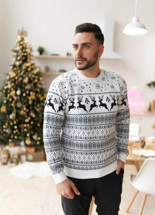 Светр чоловічий теплий з різдвяними оленями, светри з оленями білого кольору зимові новорічні