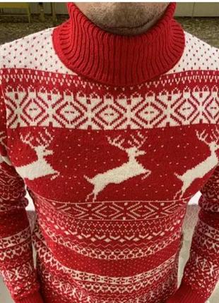 Свитер мужской турецкий новогодний шерстяной , свитер красный мужской шерсть тёплый с оленями