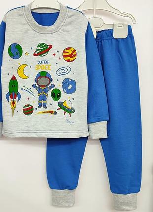 Пижама детская, хлопковая, утепленная начес, для мальчика, для девочки, синяя, 98, 104, 1101 фото
