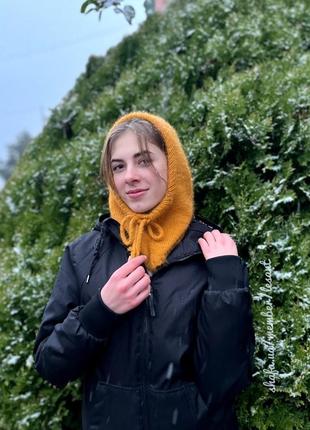 Капор шапка капюшон пух норки гірчиця