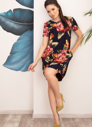 Вільна сукня балон на кулісці асиметрична легка у квіти1 фото