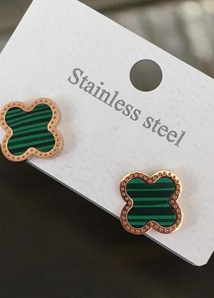 Серьги с зеленым клевером из медицинского золота stainless steel, xuping позолоченные