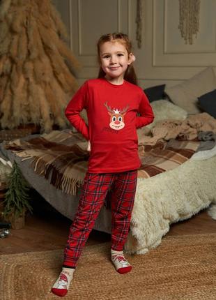 Піжама на дівчинку зі штанами в клітинку - новорічний олень - family look для родини