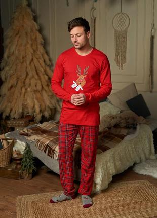 Чоловічий комплект із штанами в клітинку - новорічний олень - family look для родини