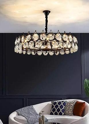 Люстра чорна 60см кругла з великим камінням на 8 ламп (61-7001-8)