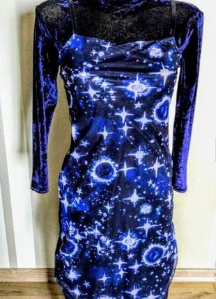Шикарное платье с принтом "космос"в бельевом стиле цвет синий индиго1 фото