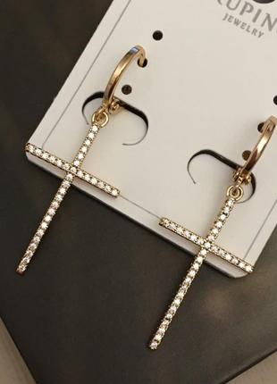Сережки хрестики з білими фіанітами 4 см, медзолото, медичне золото, позолочені