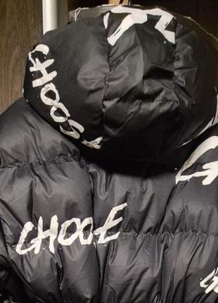 Куртка пальто пуховик с капюшоном длинная турция теплая черная с буквами дутик пуффер2 фото