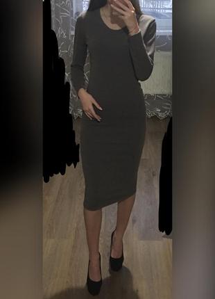 Плаття футляр сіро-коричневе машинна дрібна в'язка міді за коліно3 фото