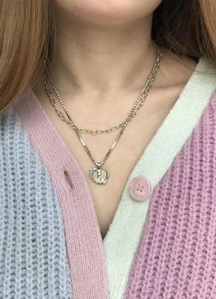 Двойная подвеска, кулон сердечко, блестящее колье на шею с стразами