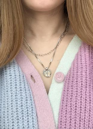 Двойная подвеска, кулон сердечко, блестящее колье на шею с стразами 5