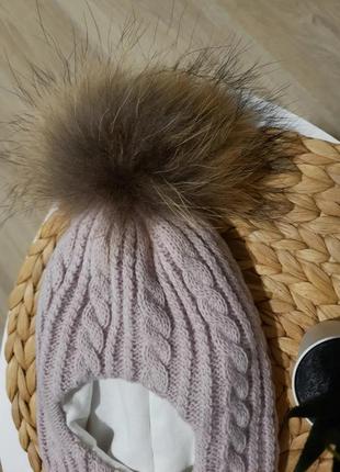 Зимова шапка для дівчинки з натуральним помпоном капор шолом балаклава2 фото