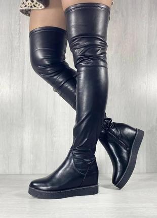 Привлекательные бюджетные зимние женские высокие сапоги черные ботфорты чулки с мехом эко кожа зима еврозима на высокой платформе