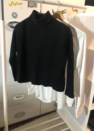 Чорний вкорочений вовняний светр  в рубчик  під горло peter hahn гольф водолазка розмір m-l