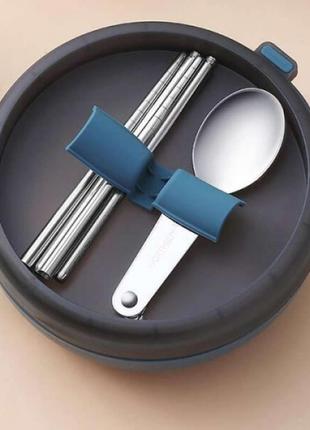 Круглий герметичний ланчбокс зі столовими приборами bowl, 500 мл — блакитний3 фото