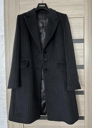 Пальто premium темно сіре в полоску кашемір шерсть з лауканами woolmark blend