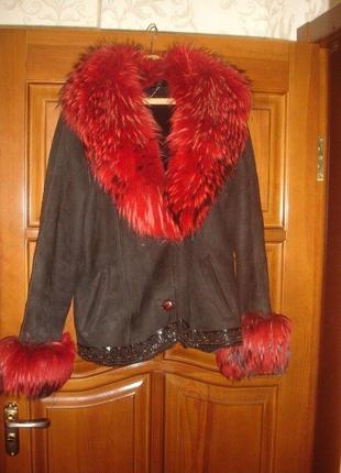 Куртка дубленка шуба натуральный мех размер 50 / 16 черная красная
