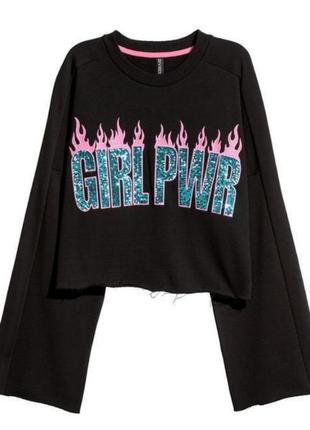 H&m новый кроп топ свитшот пайетки вышивка girl power