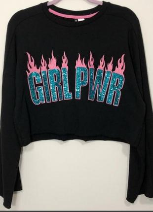 H&m новый кроп топ свитшот пайетки вышивка girl power