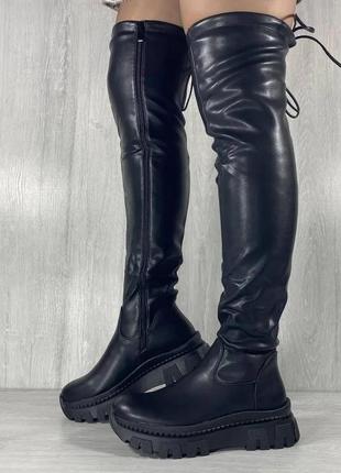 Привлекательные зимние женские высокие сапоги черные ботфорты чулки с мехом эко кожа зима еврозима на платформе