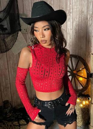 Топ топік кофта кофтинка водолазка червона червоний кроп короткий коротка свтка сітчата сітчатий оголені відкриті плечі скорочений скорочена