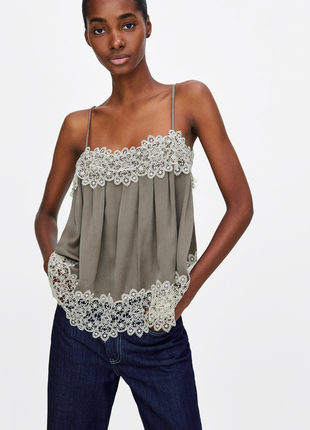 Мереживна майка кольору хакі віскоза , купро zara